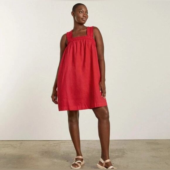 EVERLANE Smocked Linen Dress in Red Size Medium Adjustable Fit - Picture 2 of 11